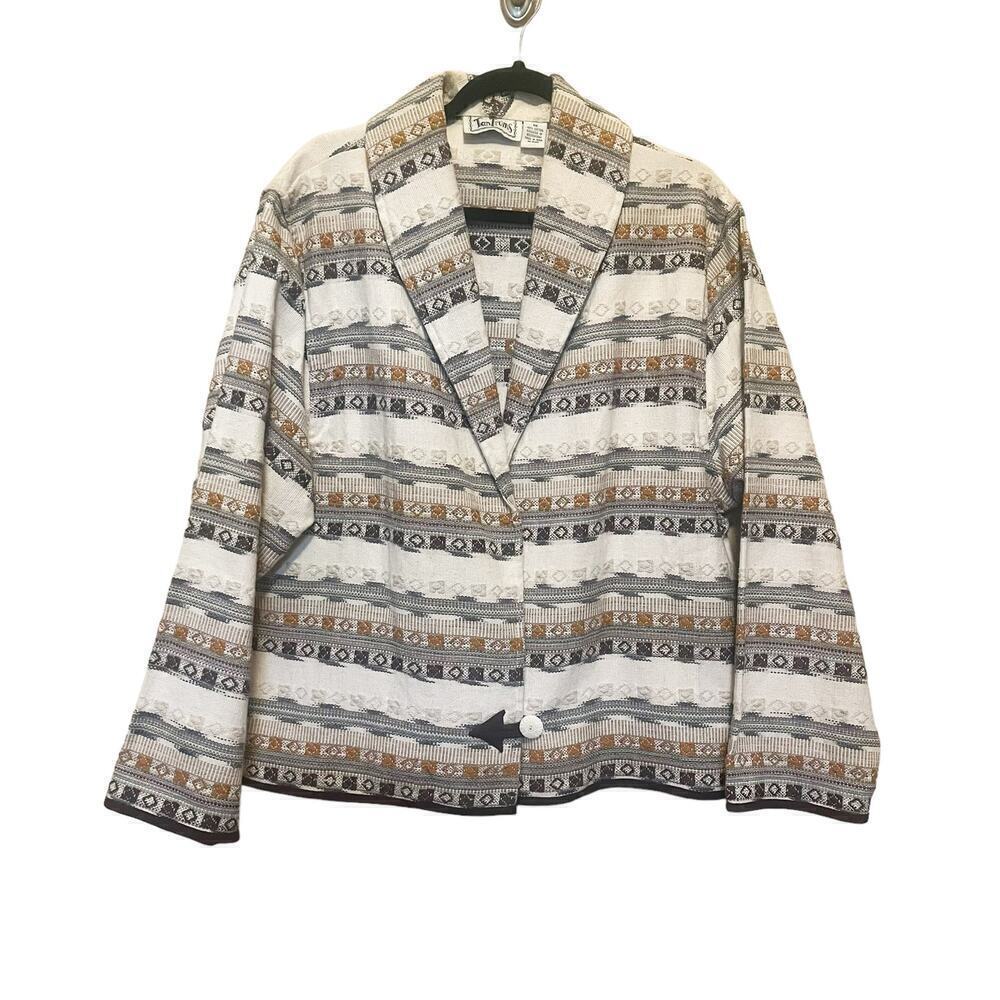 Vintage Tantrums Tapestry Geometric Print One Button Blazer Cream Tan Size 1X